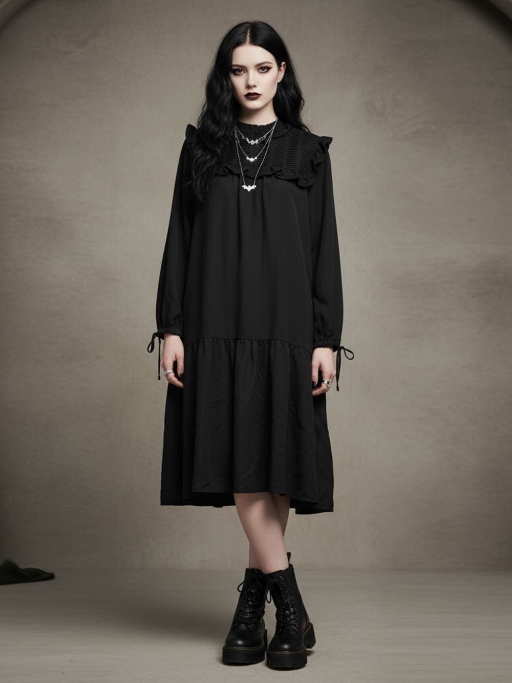 Maple & Cliff Black Long Sleeve Ruffled Dress Black